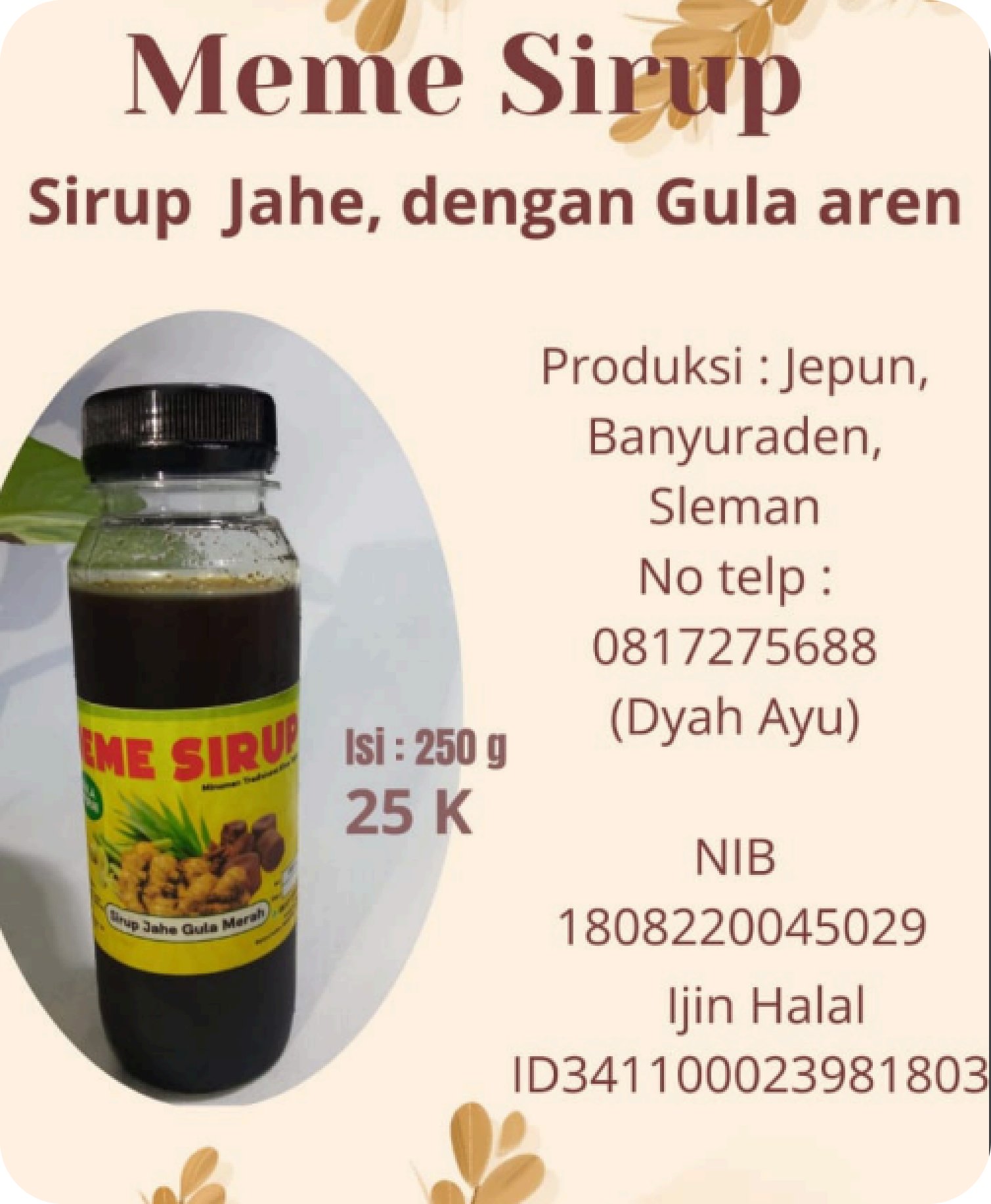 Meme Sirup - Sirup Jahe, dengan Gula Aren 250gram